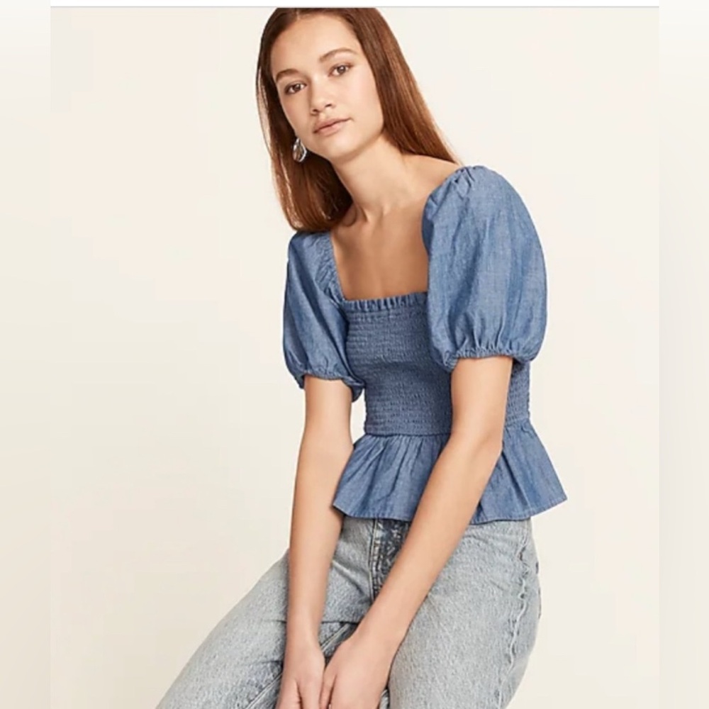 J. Crew Denim Blue Puff Sleeve Blouse